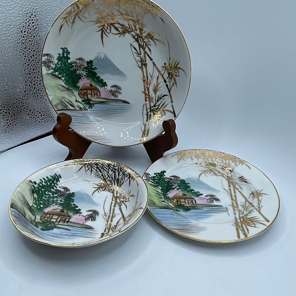 Vintage 3 piece Kutani hand painted Mount Fuji & gold bamboo motif.
